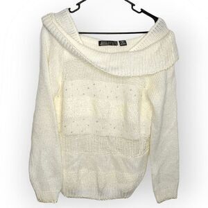 Gitano Knits Vintage 90s Off the Shoulder Cowl Neck Sweater in White with Sequin